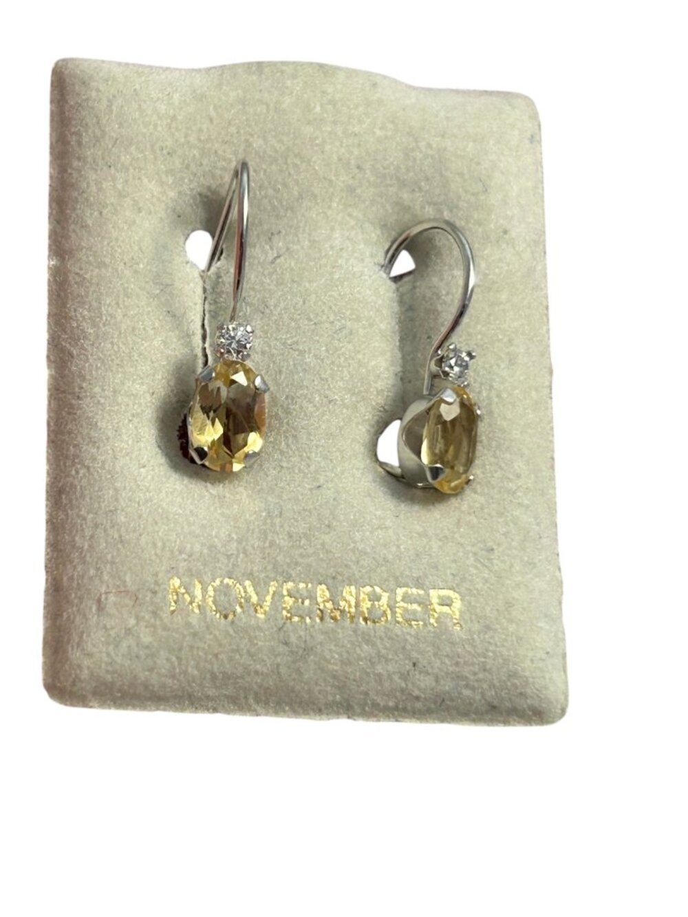 November Birthstone Yellow Citrine Oval Dangle Earrings Silver Tone Fishhook